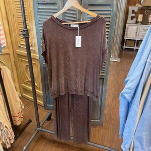 Sewn and Seen Mineral Washed Top And Pants Brown Rib Set